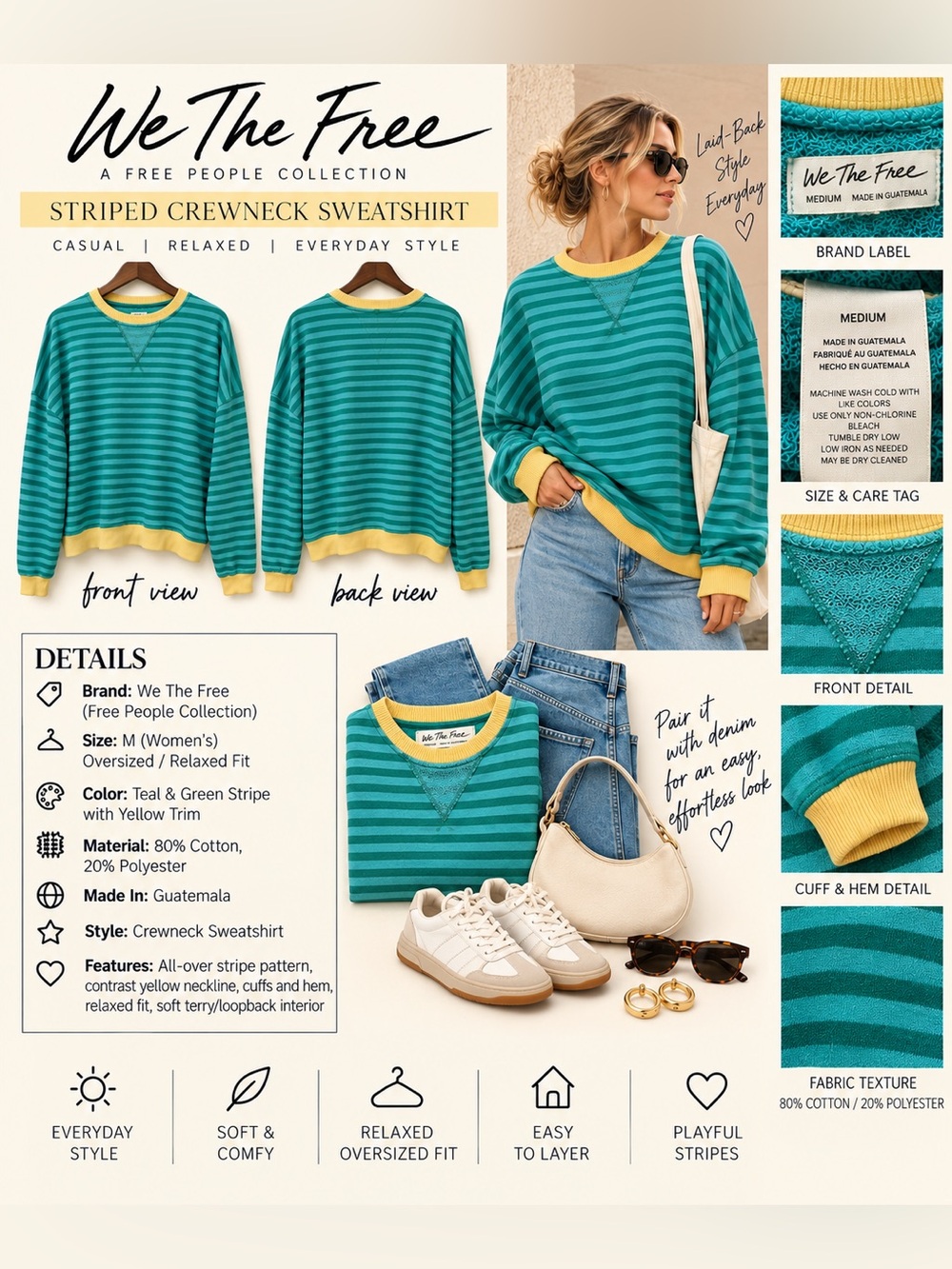 We The Free Free People Striped Oversized Sweatshirt Medium Teal Yellow